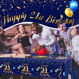 GREHUMOR 21st Birthday Decorations Men-3pcs Navy Blue 21st Birthday Table Covers Rectangle Waterproof Plastic Gold Blue Birthday Tablecloth for Men 21st Birthday Party Supplies