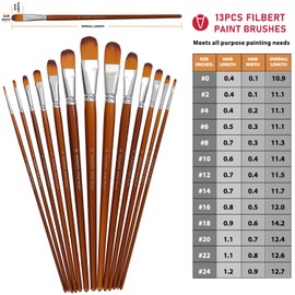 DUGATO Artist Filbert Paint Brushes Set 13pcs, Soft Anti-Shedding Nylon Hair Wood Long Handle for Acrylic Oil Watercolor Gouache Paint by Numbers (13pcs)