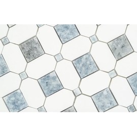 Florence White Elongated Hexagon with Bluish Square Geometric Marble Mosaic Floor and Wall Tile for Bathroom Walls, Kitchen Backsplashes, Accent Wall, Fireplace Surround (Sample Swatch)
