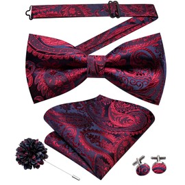Hi-Tie Bow Tie Men Pre Tied Bowtie Pocket Square Cufflinks Lapel Pin Formal Wedding Bow Ties for Men Party Tuxedo Bowtie Set,Navy Blue Red Paisley Floral