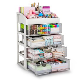 Desk Organizer with 4 Drawer Storage, Desktop Storage Drawers for Office/School Supplies, Plastic Stationary Organizer, Makeup Organizer, Desk Storage Box Organizer for Office, School, Bathroom