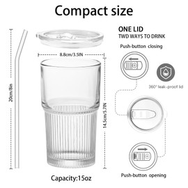 Luiaiog Glass Coffee Cups with Lids and Straws - Set of 2 Shatter-Resistant Tumblers for Cold or Hot Drinks, Iced Coffee, Smoothies, Juice, Tea, Milk (18.5oz)