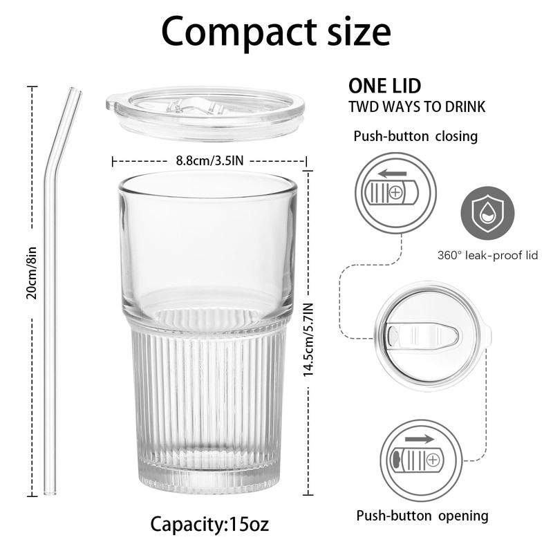 Luiaiog Glass Coffee Cups with Lids and Straws - Set