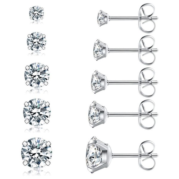 5 Pairs 316L Stainless Steel Stud Earrings Set, 3-7mm Hypoallergenic