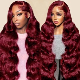HXXFMLMC 22 Inch 99j Burgundy Lace Front Wigs Human Hair 13x6 Body Wave Lace Front Wigs Human Hair Pre Plucked 200 Density HD Transparent Red Colored Wigs Human Hair for Women with Baby Hair