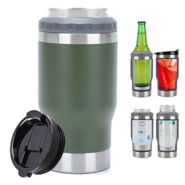PCSCER 4 in 1 Travel Mug and Can Insulator for 12 oz Can and Beer Bottle. Stainless steel Vacuum Insulated Cup and Thermocooler. (Olive green)