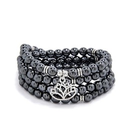 6mm Japa Mala Necklace 108 Mala Beads Bracelet Handcrafted with Lotus Charm for Men or Women (Hematite)