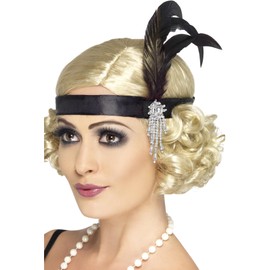 Smiffys Black Satin Charleston Headband, Black with Feather and Jewel Detail, 1920's Razzle Fancy Dress, 1920s Dress Up Accessories