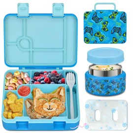 BEAQUEE Bento Lunch Box Kids and 9oz Soup Thermos – 5.5-Cup Leakproof Kids Bento Box with Ice Pack & 9oz Insulated Food Jar – Hot & Cold Food Lunch Container for Boy Girl School, Blue Set