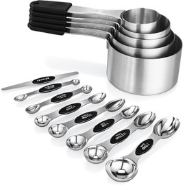Juego de tazas y cucharas medidoras magnéticas, 5 tazas medidoras magnéticas de acero inoxidable y 8 cucharas medidoras de doble cara con 1 nivelador, accesorios de cocina para cocinar y hornear