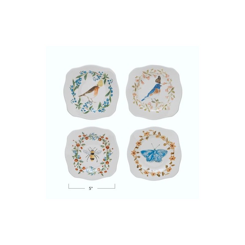 Scalloped Stoneware Plate with Insects, Birds & Flowers, Multi Color,