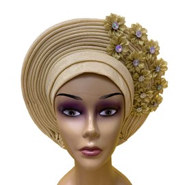 African Headtie Turban Nigerian Muslim Headwear Gele Head Wrap Sego Auto Gele Headties Already Made Women's Headband For Party (Mikin)