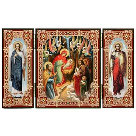 Needzo Nativity of Christ Triptych Icon Christmas Decoration Gift, Gold Foil Icon With Archangels Saint Michael and Saint Gabriel 3 1/4 Inch