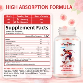 Sugar Free Vitamin ADK+B12 Gummies with Vitamin D3 K2 B12 K2 (MK-7) Chewable Vegan Multivitamin Supplement for Men Women Bone Brain Immune Skin Eye Heart 60 Counts Raspberry Flavored 1 Pack