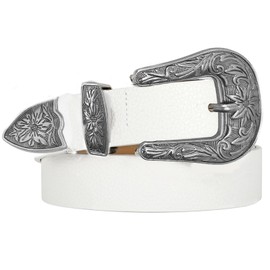 XZQTIVE Women Vintage Western Leather Jeans Belts Ladies Designer Dress Belt Silver Buckle (B White, Fit waist size 33"-38"), B White, Fit waist size 34"-38"