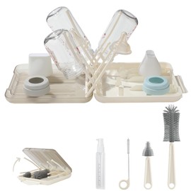 6 in 1 Bottle Cleaning Brush Set with Silicone Bottle Brush, Nipple Brush, Straw Brush, Soap Dispenser, Drying Rack for Baby Bottle and Water Bottle, Space Saving Baby Essentials for Home and Travel