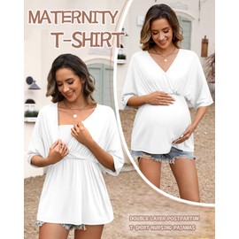 Ficerd 3 Pack Womens Maternity Shirts, V Neck Nursing Pajamas Pregnancy Nightgown Tops 3/4 Sleeve Sleepwear for Breastfeeding(Pink, White, Black,Small)