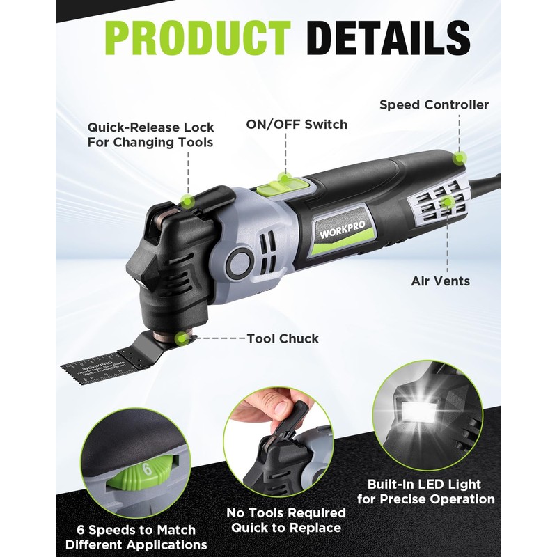 WORKPRO 400W Oscillating Multi-Tool, 6-Speed Corded Power Saw with LED