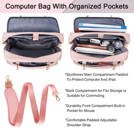 Laptop Bag for Women, 15.6 inch Computer Briefcase Sleeve Case, Large Water-resistant Cute Messenger Work Tote Bible Bag with Crossbody Shoulder Strap Gift for Office Travel Business College, Pink
