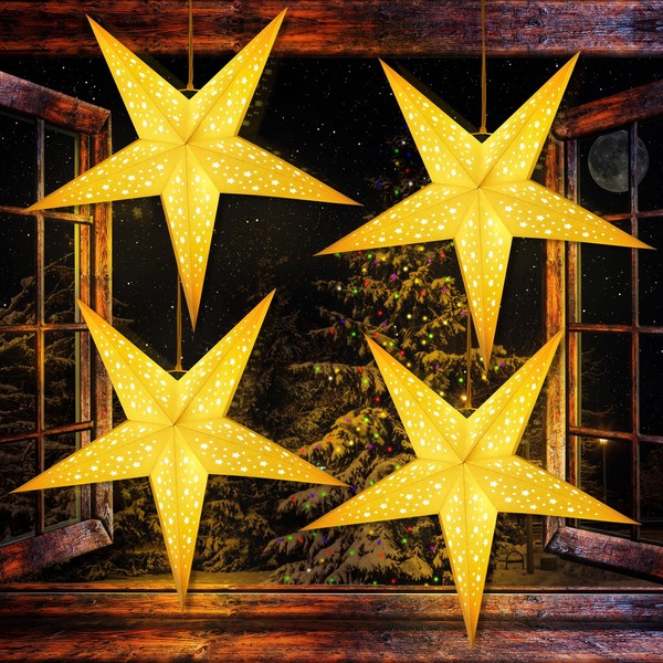 24 Inch Star Paper Lantern, 8 Mode 50 LEDs Firework Fairy String Lights, Light up Hollow Out Star Hanging Decoration for Indoor Outdoor Room Wedding Christmas Party (5-Point Star,4 Pack)