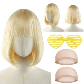 SWZY Short Bob Wigs For Women,4pcs Blonde Bob Wig With Sunglass And Wig Cap,Fancy Dress Synthetic Straight Bangs Wigs For Women Natural Looking For Daily Use