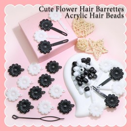 VENOFEN 60PCS Black&White Braids Beads Cute Pony Beads for Hair Dreadlock Flower Self Hinge Hair Barrettes Loc Jewelry Accessories Plastic Hair Pins for Kids Girls