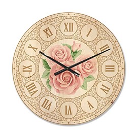 DesignQ 'Three Pink Roses Shabby Chic Vintage ' Modern Wood Wall Clock Large Decorative Modern Wall Clock Oversized Wood Clocks for Living Room Décor