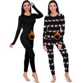 Patelai 2 Set Thermal Underwear Warm Fleece Lined Leggings and Womens Thermal Tops Base Layer(Simple, Christmas Print,Black, Multicolor,X-Large)