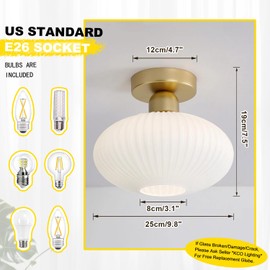 KCO Lighting Mid Century Modern Large Semi Flush Mount Ceiling Light Fixture White and Gold Living Room Flush Mount Ceiling Light Vintage Milk Glass Globe Close to Ceiling Light