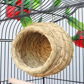 Hanging Straw Bird Nest Natural Fiber Birdhouse for Cage Warm Parrot Hideaway Shelter Hut for Small Finch Canary Lovebird Resting Breeding Playing