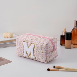 JOVAKIT Alphabet Makeup Bag Cosmetic Bag for Women, Christmas Gifts for Girls Age 6-18, Floral Flowers Coquette Travel Toiletry Zipper Make Up Pouch Organizer Trendy Stuff (Pink Floral M)