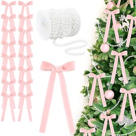Jutom Christmas Tree Bows Decorations Includes 24 Pcs Bows with 33 ft Pearl Garland Bow Garland Banner for Tree Home Birthday Wedding Chrismtas Xmas Holiday Party Decor (Pink,Velvet)
