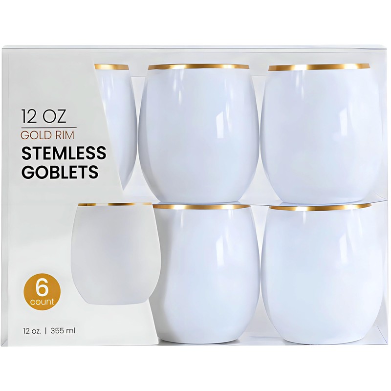 Elegant Stemless White Wine Goblets with Gold Rim - 12