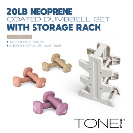 Tone Fitness 20 LB Neoprene Dumbbell Set with Storage Rack – Non-Slip, Anti-Roll Hand Weights for Home Gym Workouts - Mixed Colors | Beige, Orange and Purple