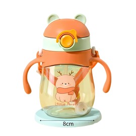 Vaso Entrenador para Bebés, 410 ml, Diseño de Osito, Naranja y Verde, con Asas y Popote Suave, Antiderrame.