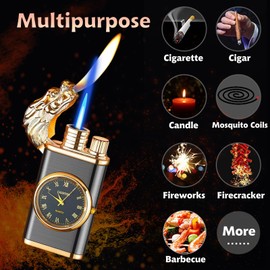 Magic Dragon Dual Flame Lighter - Windproof, Adjustable Flame, Refillable Butane Gas for Outdoor Candle - Gold