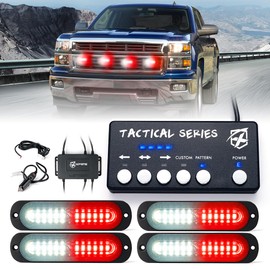 Xprite White Red LED Surface Mount Strobe Lights Kit, w/Control Panel Emergency Safety Warning Flashing Grille Cop Marker Light Assembly for Vehicles Trucks ATV UTV Motorcycle 4PCS