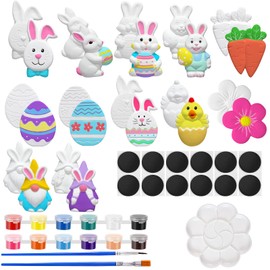 Sinmoe 12 Sets Easter Painting Kit for Kids Unpainted DIY Ceramic Figurines Paint Your Own Figurines Easter Egg Bunny Gnomes Carrot Flower Refrigerator Magnets Easter Basket Stuffers for Toddler