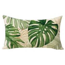 Fjfz Tropical Plant Lumbar Decorative Throw Pillow Cover 12 x 20, Rectangular Green Gold Monstera Palm Leaves Outdoor Home Decor, Spring Summer Seasonal Couch Cushion Case