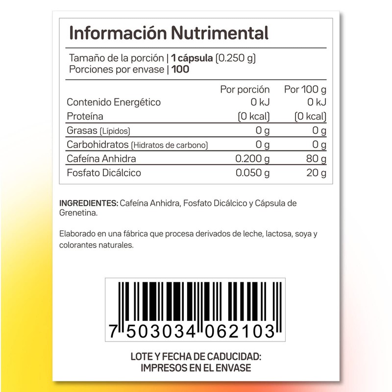 Cafeína 100 cápsulas con 200 mg de Cafeína anhidra c/u,
