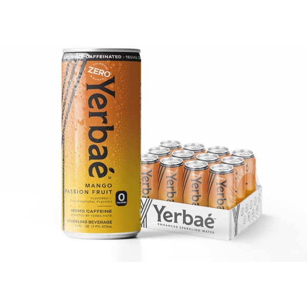 Yerbae Sparkling Water – Mango Passion Fruit Flavored Seltzer with Caffeine, Antioxidants, Yerba Mate Natural Energy Drink – 12 Pack of 16oz Cans – Zero Sugar, No Calories, Non-GMO
