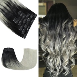 Honsoo Clip On Hair Extensions Real Human Hair 16in Long Thick 120g Hair, Natural Black To Sliver Gray 7pcs Gradient Hair Extensions Like Your Own Hair
