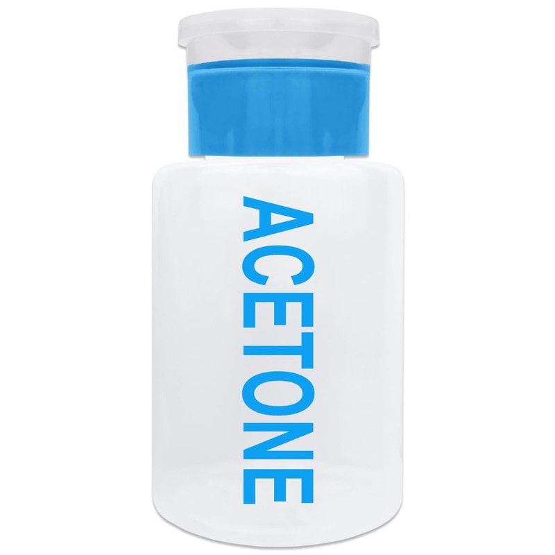 Beauticom 6 Oz Blue Push Down Acetone Labeled Dispenser Empty