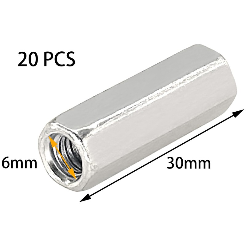 20 PCS Long Rod Nuts,Hex Coupling Nuts Fasteners,Hex & Machine