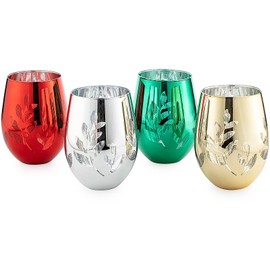 Multicolor 4-Piece Tree Holiday Stemless Wine & Water Glasses - Christmas Red Green Yellow Silver, Housewarming Gift For Her, Him Party Décor, Colored Trees Décor, Kitchen Home Decoration (Stemless)