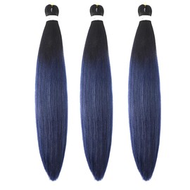 Pre Stretched Braiding Hair 26 Inch Ombre Red Kanekalon Braiding Hair Extensions Hot Water Setting Crochet Box Braids Hair (26 Inch (Pack of 3), Black-Dark Blue)