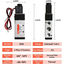RIH Pneumatics Solenoid Valve 4V310-10 12V/24V/110V Series Single Coil Pilot-Operated Electric 2 Position 5 Way Connection Type (DC12V/Out of line, 3/8"NPT)