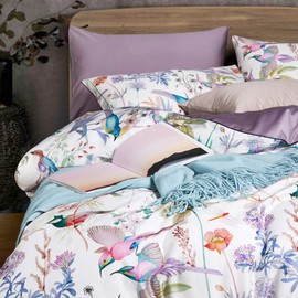 VM VOUGEMARKET Floral Duvet Cover Set,Sateen Cotton Bedding,Botanical Flower Leaves Bird Pattern Printed in Light Purple Lilac with Zipper Closure (3pcs, Queen Size)