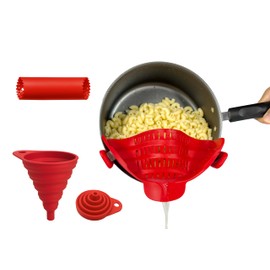 LYCIAN WAY Clip-on Pot/Pasta Strainer Silicone Fits All Pots and Pans Plus Silicone Collapsible Funnel and Garlic Peeler -3 Pack- Space Saving Design, Easy to Clean, Food-Safe - (Red)