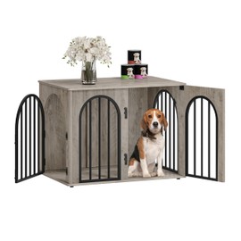 Hzuaneri 31.5'' Wooden Dog Crate Furniture, Indoor Dog Kennel Dogs Cage for Small/Medium Dogs, Heavy Duty Dog Crates Decorative Pet House End Side Table TV Stand, Greige Black DFC85105B